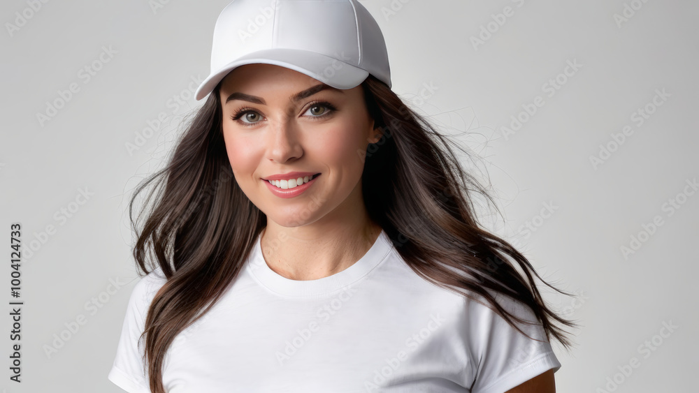 Woman wearing white t-shirt and white baseball cap isolated on grey background Woman wearing white t-shirt and white baseball cap isolated on grey background