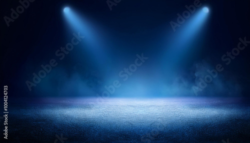 The dark stage shows, dark blue background, an empty dark scene, neon light, spotlights The asphalt floor and studio room with smoke float up the interior texture for display products