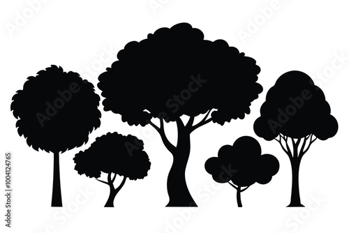 Set of black leaf silhouettes of deciduous trees on white background