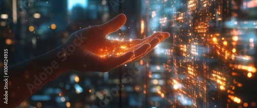 Illuminated hand interacting with digital cityscape. photo