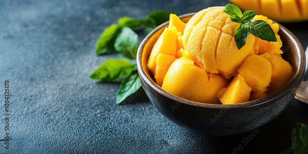 Delicious mango sorbet served in a bowl, garnished with fresh mint leaves, perfect for a refreshing dessert. Delicious mango sorbet served in a bowl, garnished with fresh mint leaves, perfect for a refreshing dessert.