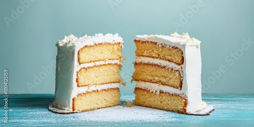 Delicious layered cake with white frosting, perfect for celebrations and desserts, showcasing a delightful and tempting treat.