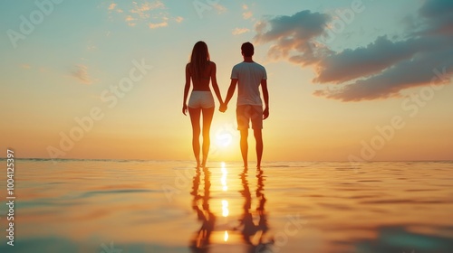 Romantic couple holding hands, standing at the edge of the ocean as the sun sets, basking in the luxurious summer atmosphere and peaceful surroundings photo