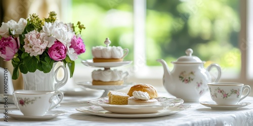 Elegant afternoon tea setup with floral arrangement, delicate pastries, and fine china, inviting a moment of indulgence.