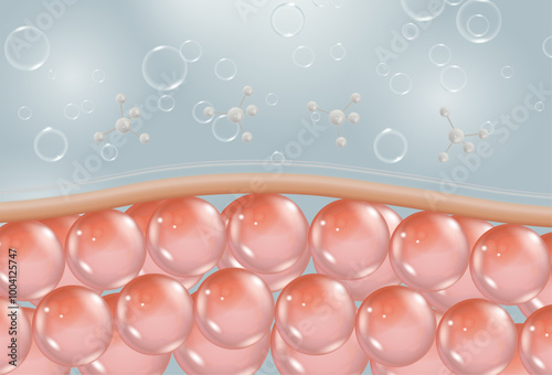 molecule and bubble background, concept cosmetics solution. Water and vitamin drop on skin cell.