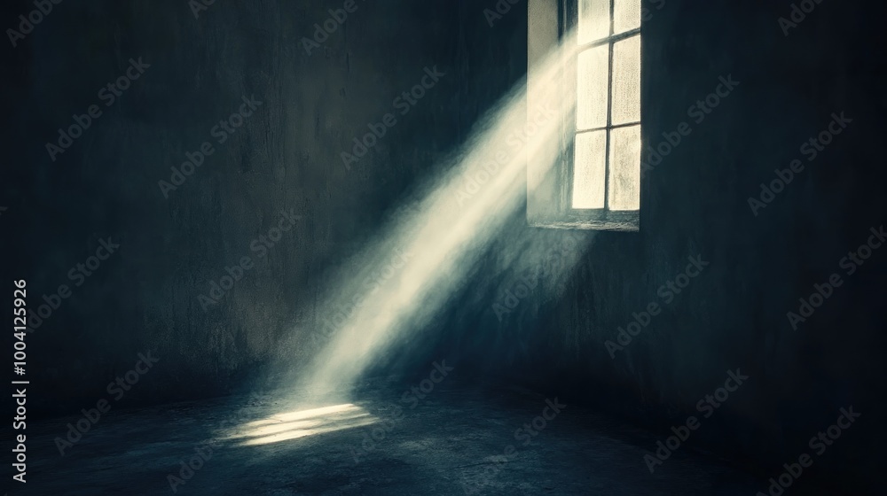 A dimly lit room with a beam of light streaming through a window, creating a moody atmosphere. A dimly lit room with a beam of light streaming through a window, creating a moody atmosphere.