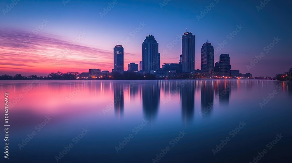 Serene Cityscape at Dusk Reflection Over Water Serene Cityscape at Dusk Reflection Over Water