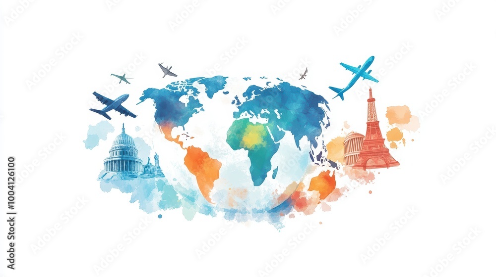 Fototapeta premium Playful Watercolor Globe with Famous Landmarks and Planes