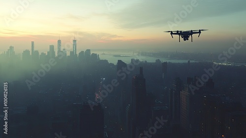 Drone Over City at Dusk with Skyline View