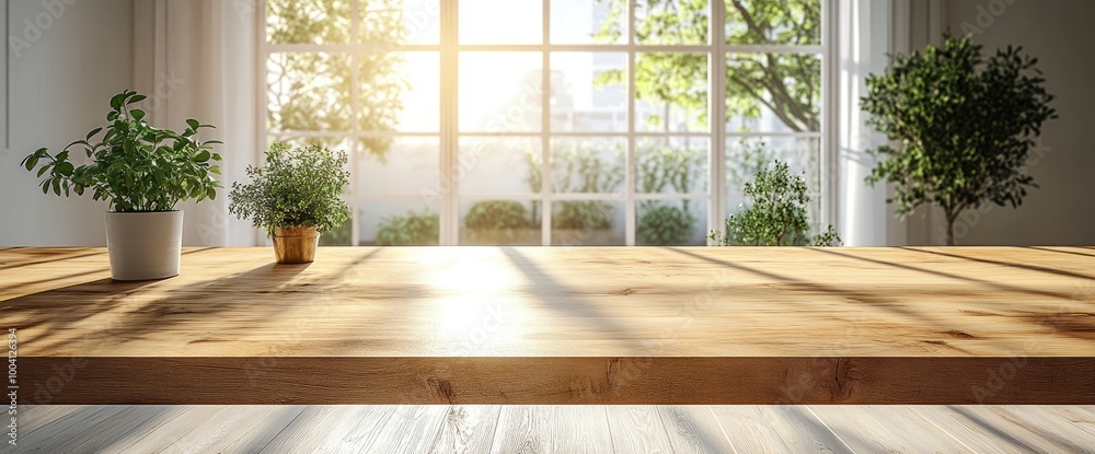 Wooden Tabletop with Sunny Window View and Greenery Wooden Tabletop with Sunny Window View and Greenery