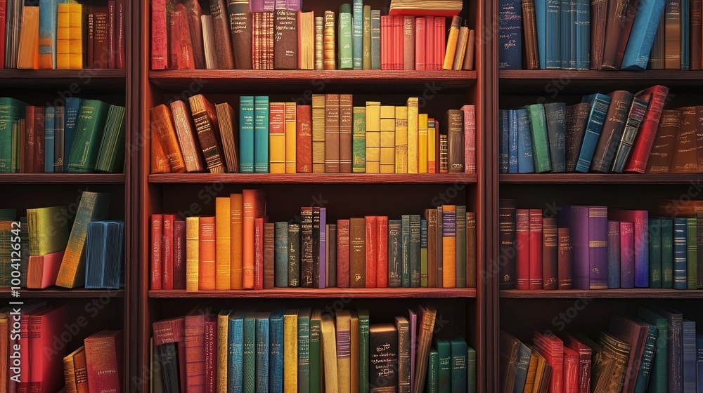 Colorful Books on Wooden Shelf in Library Colorful Books on Wooden Shelf in Library
