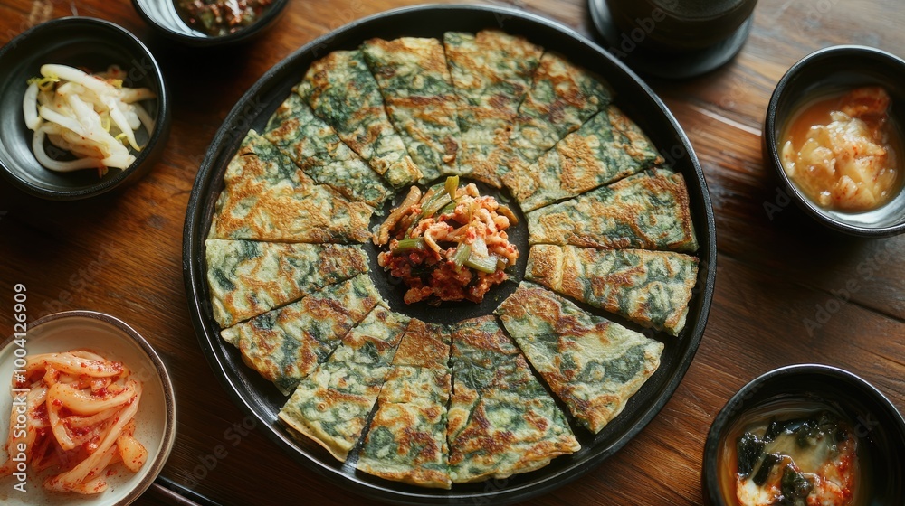 Delicious Korean Pancake Served with Side Dishes