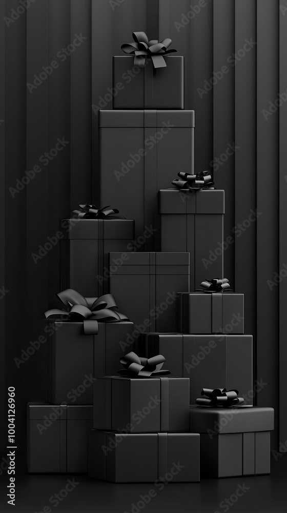 A collection of carefully stacked black gift boxes adorned with bows creates a striking visual composition ideal for Black Friday promotions and celebrations A collection of carefully stacked black gift boxes adorned with bows creates a striking visual composition ideal for Black Friday promotions and celebrations