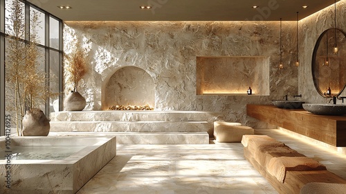 Neutral-toned reception area featuring minimalist d cor, wooden surfaces, and a natural stone wall photo