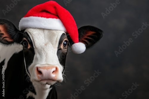 Cow wearing a red hat. The hat has a white star on it. The cow is black and white. a cow wearing a Christmas Santa hat photo