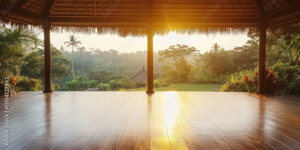 Obraz premium Serene sunrise view from a wooden pavilion overlooking lush greenery and tranquil landscape, perfect for relaxation.