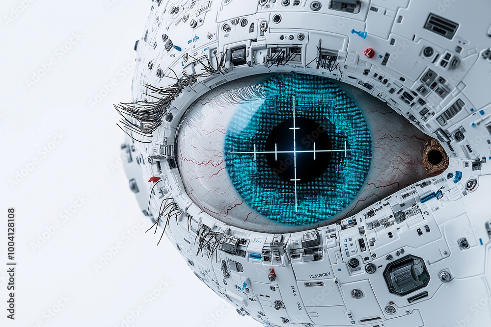 A robotic eye with intricate details and striking blue iris, featuring ...