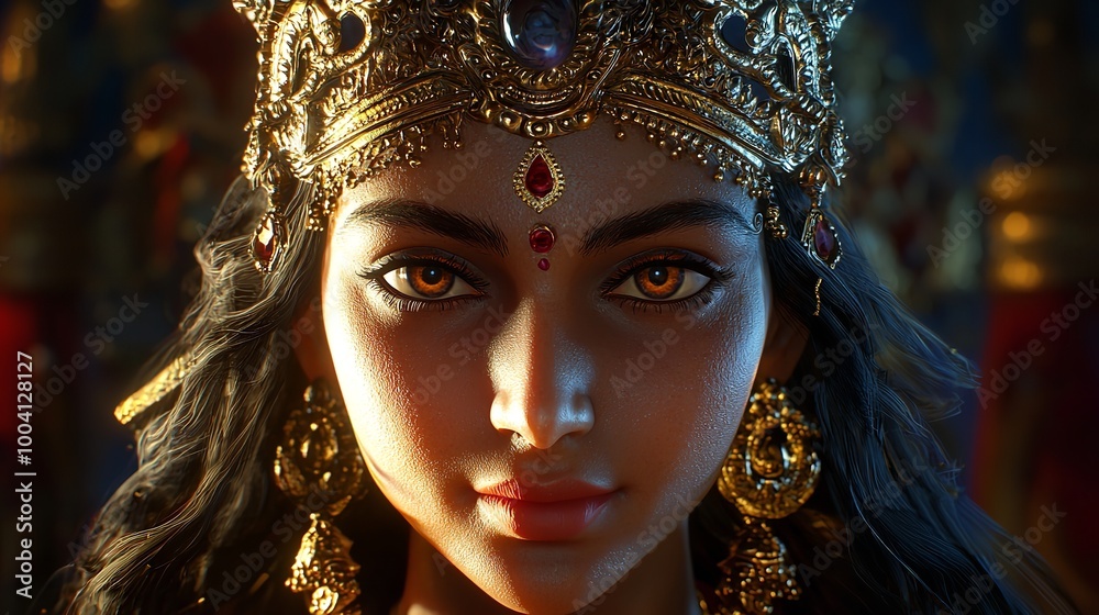 Goddess Durga with traditional look in close up view. Durga Puja Idol, A biggest Hindu Navratri festival in India generate ai Goddess Durga with traditional look in close up view. Durga Puja Idol, A biggest Hindu Navratri festival in India generate ai