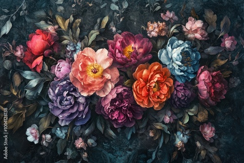 Wallpaper Mural A vintage-style floral composition featuring large flowers illustration painting. Torontodigital.ca