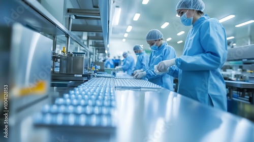 Workers in protective gear assemble medication in a cleanroom lab with blue uniformity during a bustling production shift photo