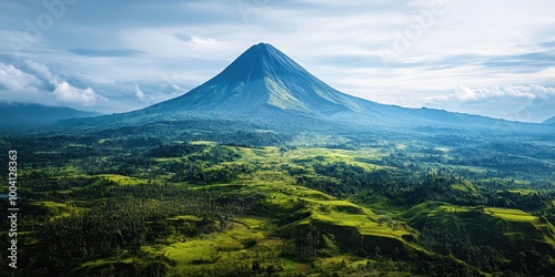 Stunning aerial view of a majestic volcano surrounded by lush greenery and dramatic skies, perfect for nature and landscape themes.