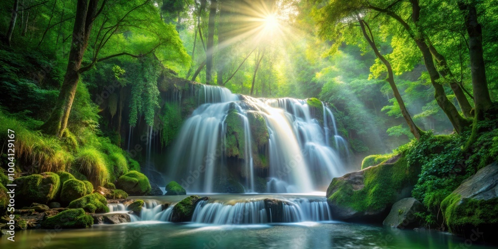 Tranquil cascading waterfall in lush green forest with sunlight rays through leaves Tranquil cascading waterfall in lush green forest with sunlight rays through leaves