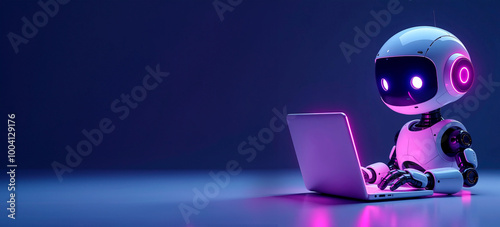 Cute friendly artificial intelligence robot using laptop computer with purple neon glow light, chatbot and AI assistant concept futuristic technology 3d illustration, banner