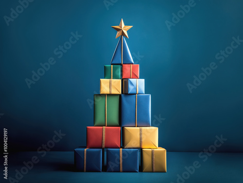 Multicolor Christmas presents and gifts stacked into a festive Christmas tree shape against dark blue background. Abstract holiday concept. Creative December 31st banner or greeting card.