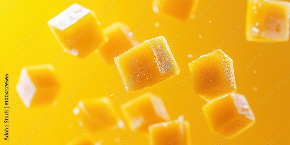 Vibrant cubes of fruit against a bright yellow background, showcasing a fresh and dynamic composition ideal for food photography. Vibrant cubes of fruit against a bright yellow background, showcasing a fresh and dynamic composition ideal for food photography.