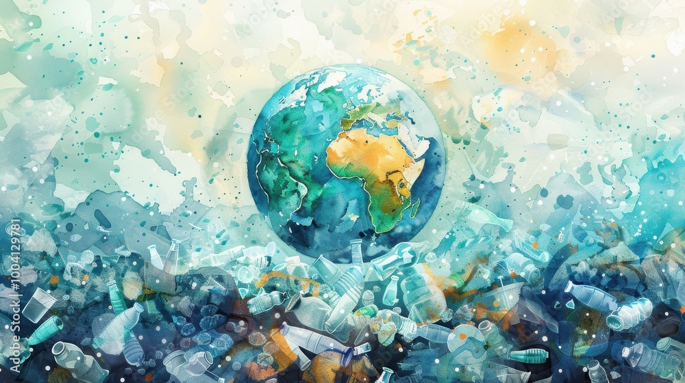 Fototapeta premium Watercolor Illustration of Earth Surrounded by Plastic Waste