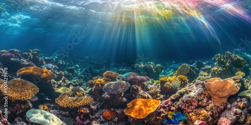 Vibrant underwater scene showcasing colorful coral reefs and sunlight filtering through the ocean surface, enriching marine life.