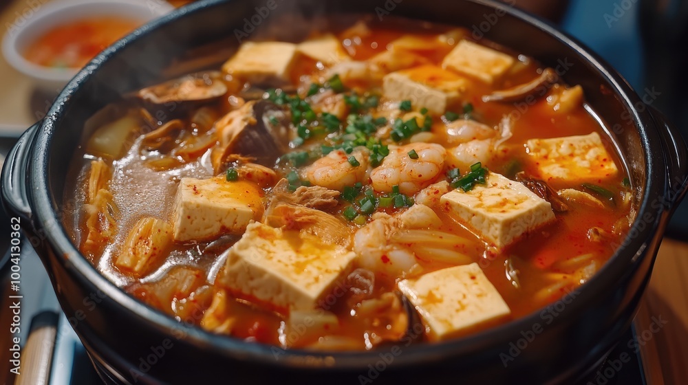 Delicious Hot Soup with Tofu and Shrimp