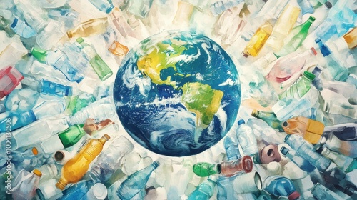 Watercolor Poster of Planet Earth Surrounded by Waste