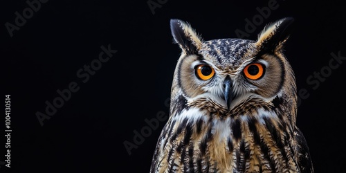 Wallpaper Mural A captivating close-up of an owl with striking orange eyes, showcasing its majestic feathers against a dark background. Torontodigital.ca