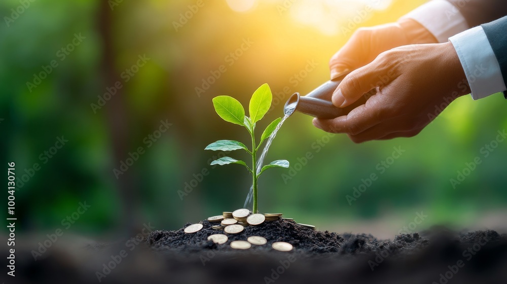 Fototapeta premium Businessman Watering Small Plant in Growth Stage