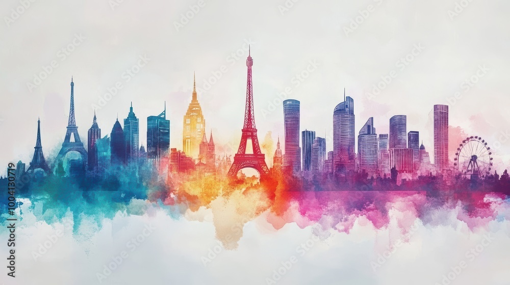 Obraz premium Vibrant Watercolor City Skylines from Around the World