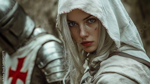 A woman in the role of a Templar with a serious expression, wearing a white hood and scratches on her face, standing next to a knight in heavy armor with a red cross
