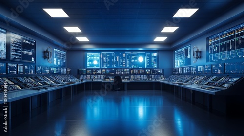 Modern Control Room with Monitors and Desks.