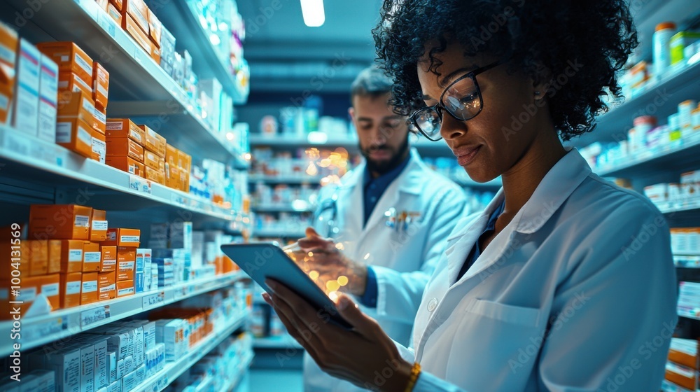 Modern Pharmacist Team Analyzing Healthcare Products and Stock Inventory in a Well-Organized Pharmacy Modern Pharmacist Team Analyzing Healthcare Products and Stock Inventory in a Well-Organized Pharmacy