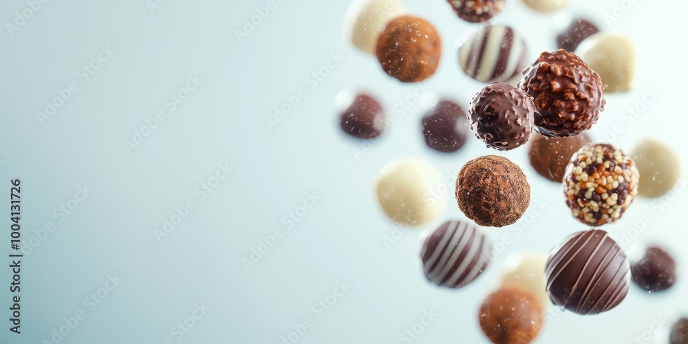 A delightful assortment of floating chocolate truffles in various shapes and colors, perfect for dessert and sweet indulgence. A delightful assortment of floating chocolate truffles in various shapes and colors, perfect for dessert and sweet indulgence.