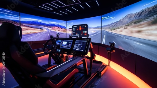 Immersive Driving Simulator with Desert Landscape.