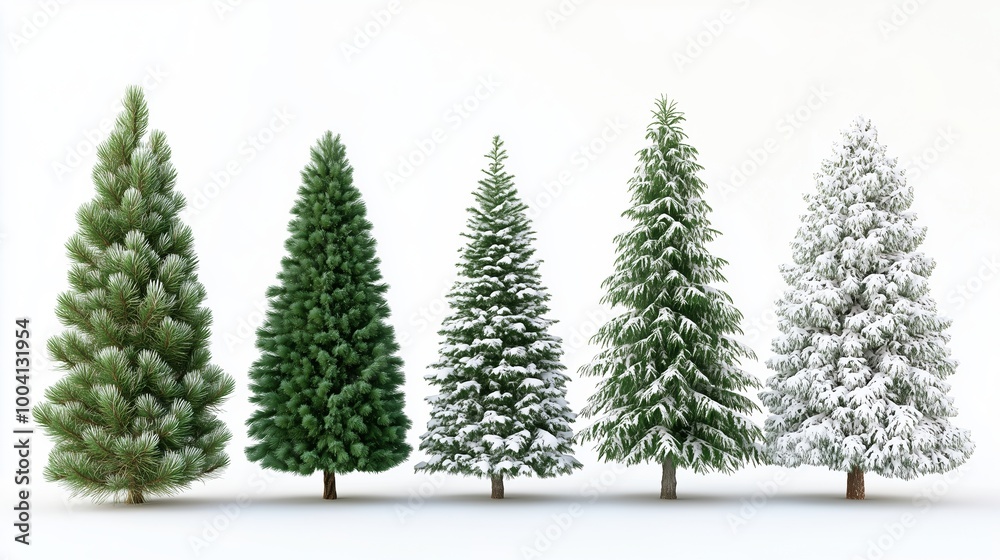 Obraz premium Five pine trees side-by-side, showcasing different levels of snowfall, perfect for winter and nature-themed designs.
