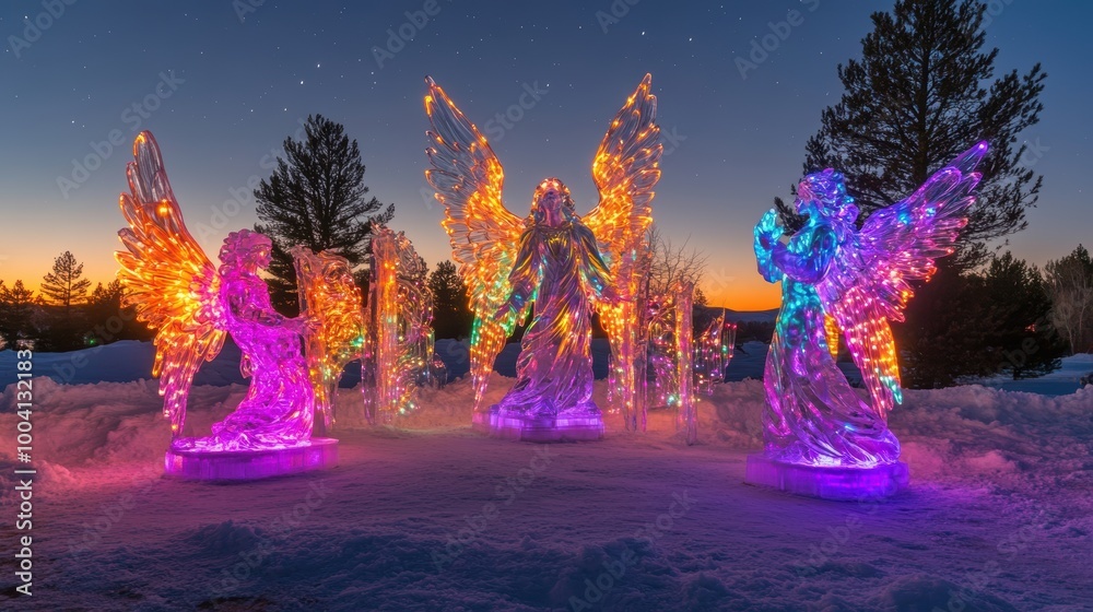 Fototapeta premium Mystical Frozen Angel Sculptures at Dusk