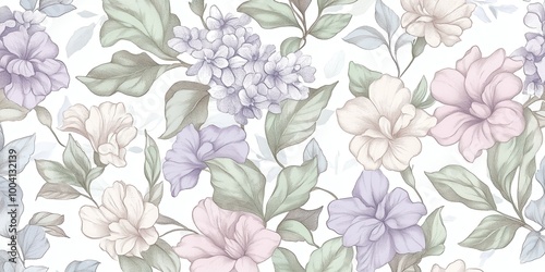 Wallpaper Mural A floral pattern featuring soft pastel colors and various flowers with leaves. Torontodigital.ca