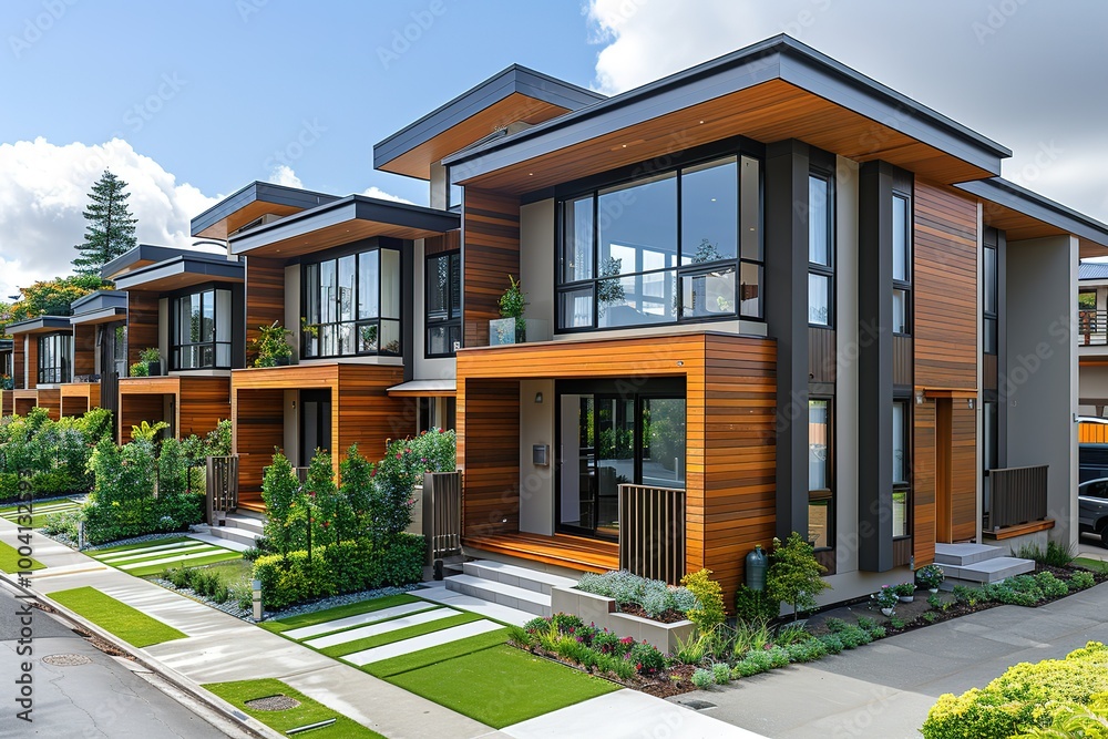 A row of houses with a large one in the middle A row of houses with a large one in the middle