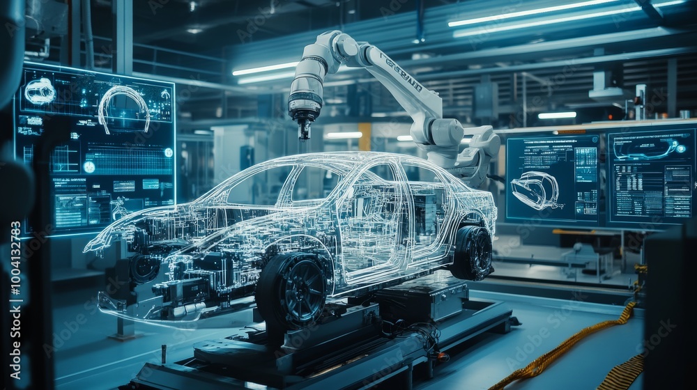 Robotic Arm Assembling Car in Factory Robotic Arm Assembling Car in Factory