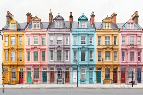 A row of colorful buildings with a white building in the middle