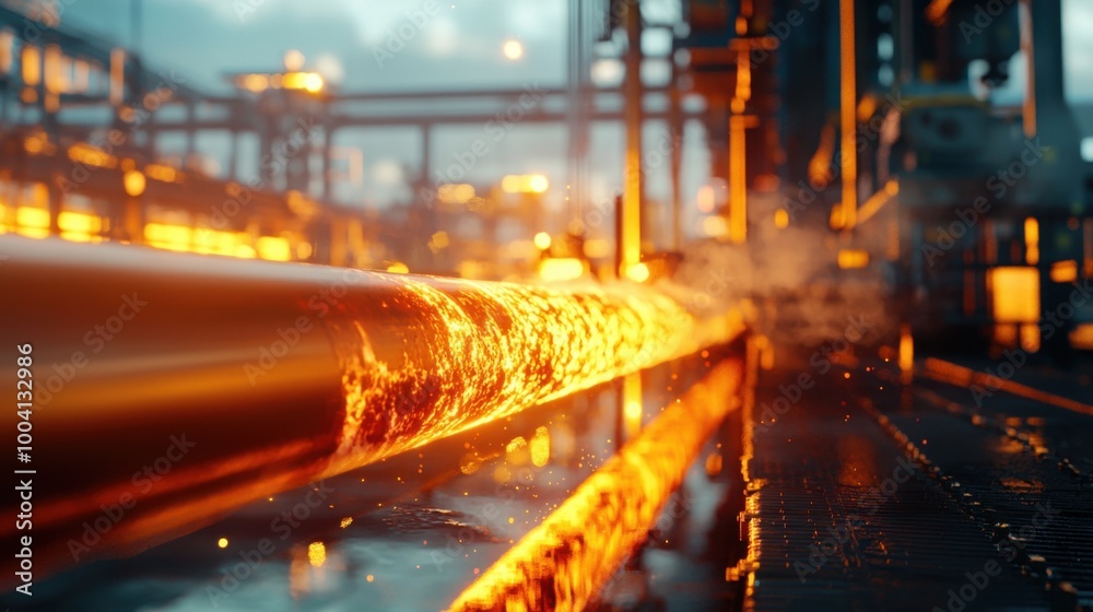 Intense Industrial Scene with Red-Hot Metal Pipe on Production Line and Steam, Smoke, and Machinery in Factory Setting Intense Industrial Scene with Red-Hot Metal Pipe on Production Line and Steam, Smoke, and Machinery in Factory Setting