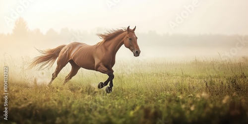 A majestic horse gallops through a misty field at sunrise, embodying freedom and grace in a serene landscape. photo