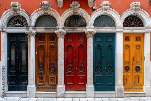 A row of colorful doors with a white archway in the middle